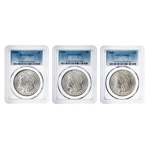 1885-1887 PCGS MS-63 Morgan Dollar Silver 3 Coin Set