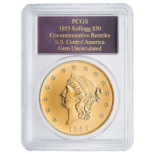 2001 2.419 oz PCGS GEM 1855 $50 Kellogg Restrike GEM Uncirculated Gold Round