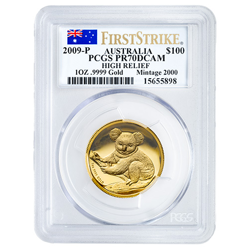 2009 PCGS PR-70 First Strikes 1 oz Australian Koala High Relief Proof Gold Coin