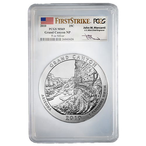 2010 PCGS MS-69 First Strikes 5 oz America the Beautiful Grand Canyon Silver Coin - John Mercanti Label
