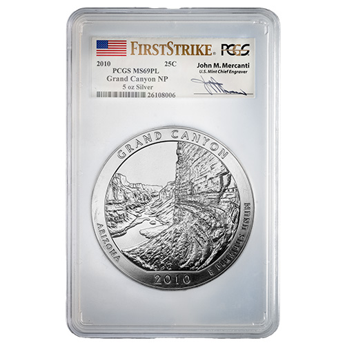 2010 PCGS MS-69 PL First Strikes 5 oz America the Beautiful Grand Canyon Silver Coin - John Mercanti Label