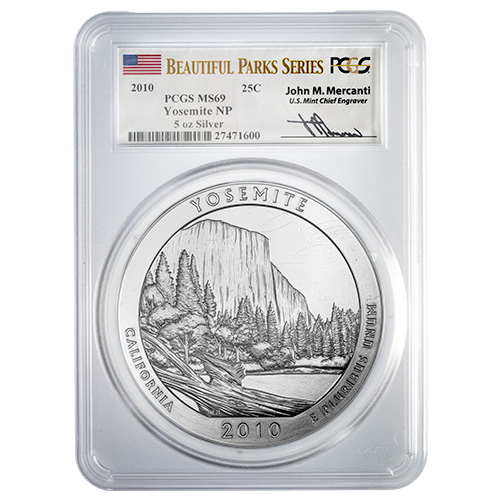 2010 PCGS MS-69 5 oz America the Beautiful Yosemite Silver Coin - John Mercanti Label