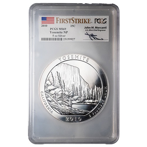2010 PCGS MS-69 DMPL First Strike 5 oz America the Beautiful Yosemite Silver Coin - John Mercanti Signature Label