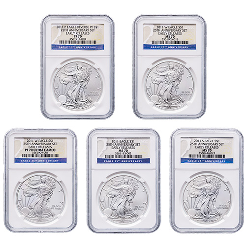 NGC MS/PF-70 Early Releases 2011 5-Coin American Silver Eagle Set  - 25th Anniversary