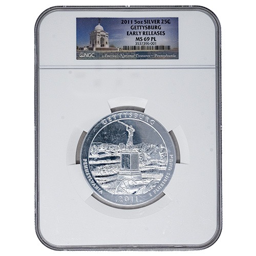 2011 NGC MS-69 PL Early Releases 5 oz America the Beautiful Gettysburg Silver Coin