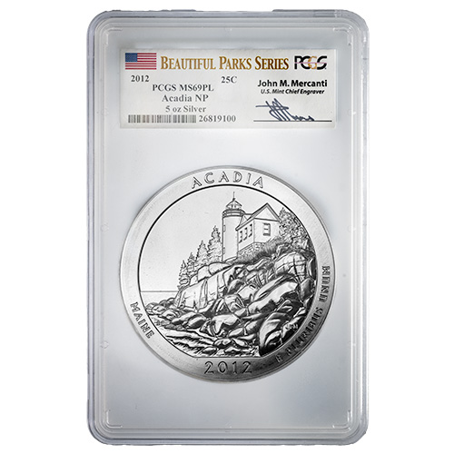 2012 PCGS MS-69 PL 5 oz America The Beautiful Acadia Silver Coin - John Mercanti Label