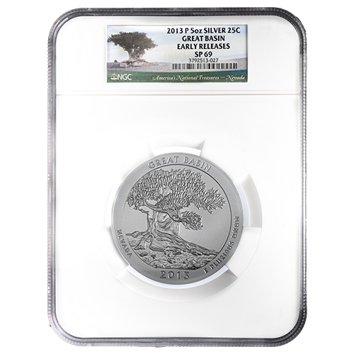 2013-P NGC SP-69 PL Early Releases 5 oz America The Beautiful Great Basin Burnished Silver Coin