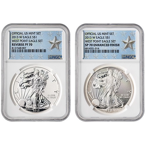 2013-W NGC SP-70 Enhanced Finish & PF-70 Reverse Proof 2-Coin American Silver Eagle Set - 75th Anniversary of the West Point Mint - West Point Label