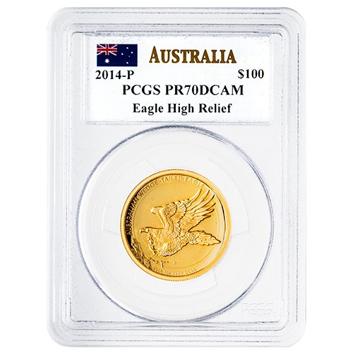 2014-P PCGS PR-70 1 oz Australian Wedge-Tailed Eagle High Relief Proof Gold Coin - John Mercanti Label