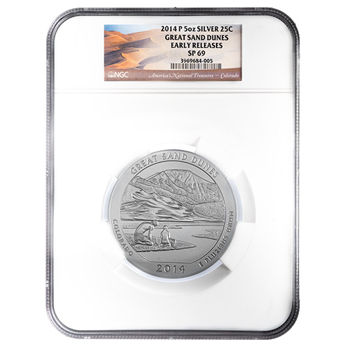 2014-P NGC SP-69 Early Releases 5 oz America The Beautiful Great Sand Dunes Burnished Silver Coin
