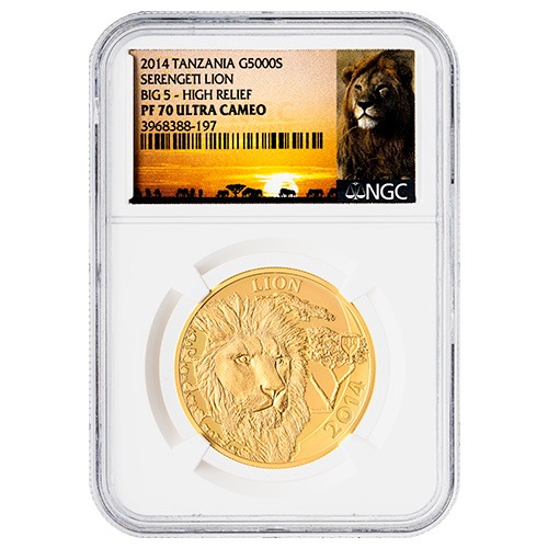 2014 NGC PF-70 1 oz Serengeti Lion Big 5 High Relief Gold Coin - Serengeti Label