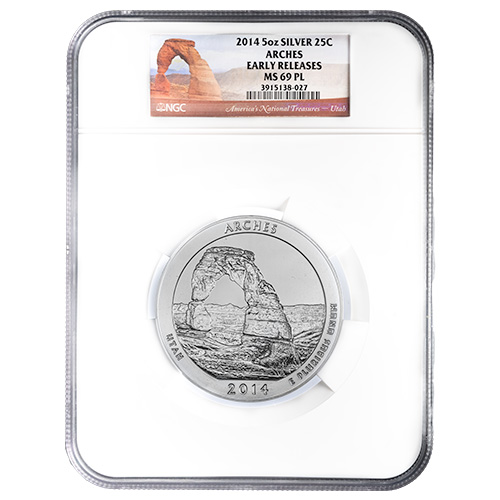 2014 NGC MS-69 PL Early Release 5 oz America The Beautiful Arches Silver Coin