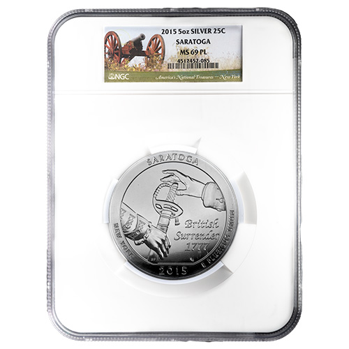 2015 NGC MS-69 PL 5 oz America The Beautiful Saratoga Silver Coin