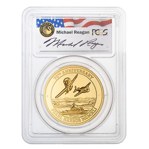 2016 2 oz Pearl Harbor 75th Anniversary Gold Coin PCGS PR-70 DCAM Michael Reagan Signature