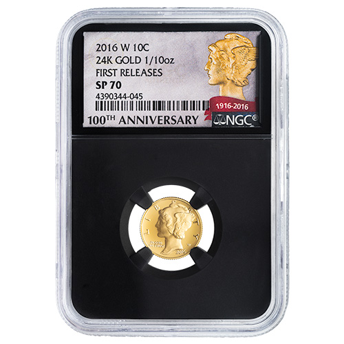 2016-W 1/10 oz Gold Mercury Dime Centennial NGC SP-70 First Releases Black Core Coin