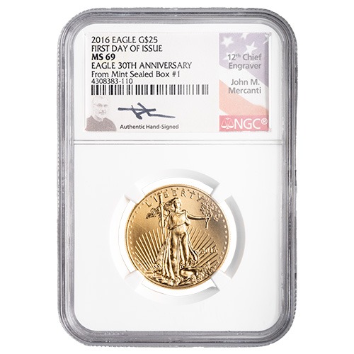 2016 NGC MS-69 First Day of Issue 1/2 oz American Gold Eagle - 30th Anniversary Label signed by John Mercanti (From Mint Box #1)