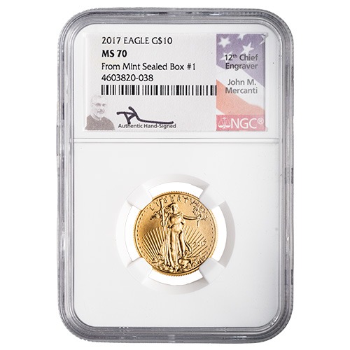 2017 NGC MS-70 1/4 oz American Gold Eagle Coin - From Mint Sealed Box #1 John Mercanti Label