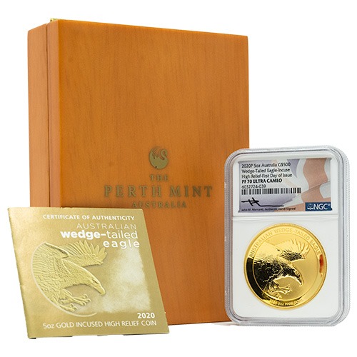 2020 NGC PF-70 First Day of Issue 5 oz Australian Wedge-Tailed Eagle Incused High Relief Proof Gold Coin with Box and COA