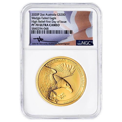 2020 NGC PF-70 First Day of Issue 2 oz Australian Wedge-Tailed Eagle High Relief Proof Gold Coin - John Mercanti Label