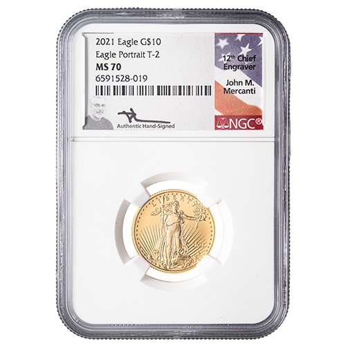 2021 NGC MS-70 1/4 oz American Gold Eagle Type 2 Coin - John Mercanti Label