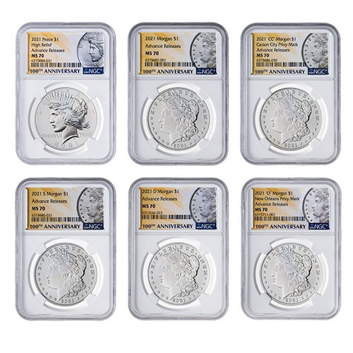 2021 NGC MS-70 Advance Releases Morgan and Peace Dollar Silver 6-Coin Set - Morgan and Peace Labels