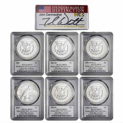 2021 PCGS MS-70 First Day of Issue Morgan and Peace Dollar Silver 6-Coin Set - John Dannreuther Labels