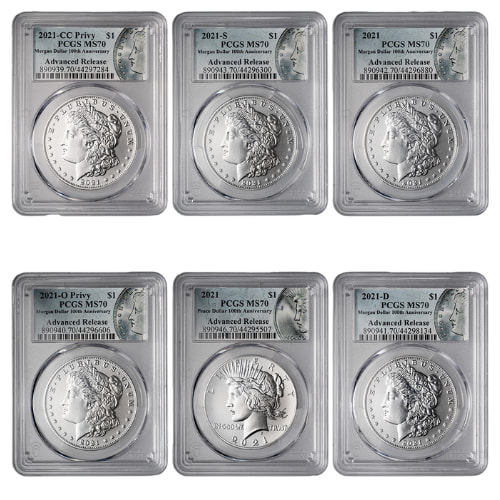 2021 PCGS MS-70 Advance Releases Morgan and Peace Dollar Silver 6-Coin Set - Morgan and Peace Labels