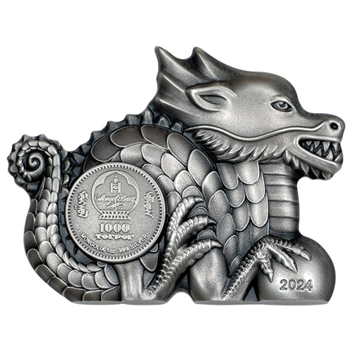 2024 1 oz Mongolia Great Dragon Antique Silver Coin