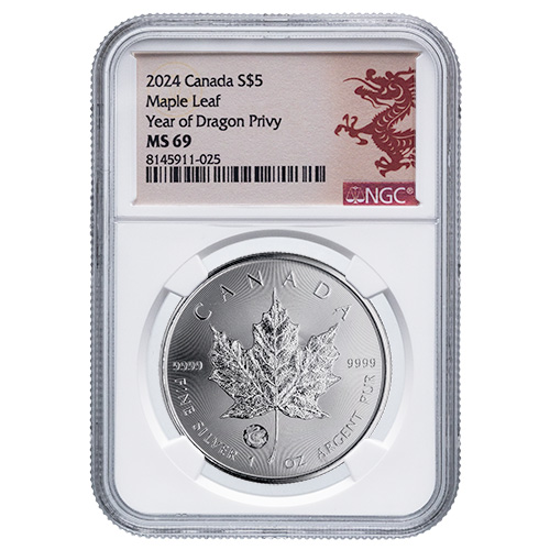 2024 1 oz NGC MS-69 Canadian Silver Maple Leaf Coin - Year of the Dragon Privy Mark
