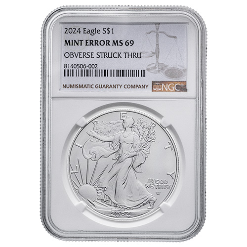 NGC MS-69 2024 1 oz American Silver Eagle Coin (Error, Obv Struck Thru)