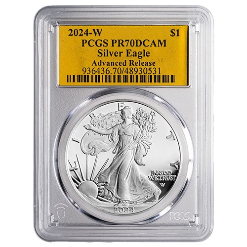 PCGS PR-70 Advanced Release Gold Foil Label 2024-W American Silver Eagle Proof Coin