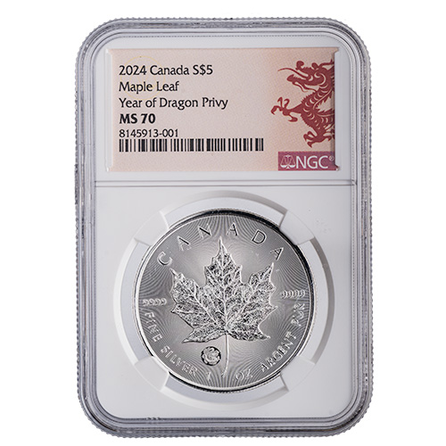 NGC MS-70 2024 1 oz Canadian Silver Maple Leaf Coin - Year of the Dragon Privy Mark