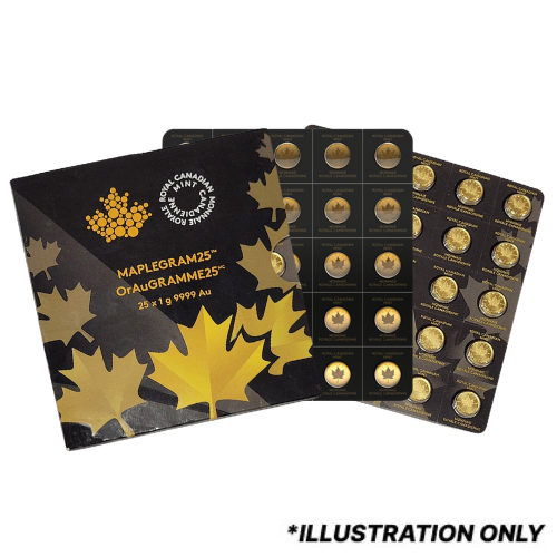 Random 25 x 1g Canadian Gold Maplegram25™ Coin Sheet