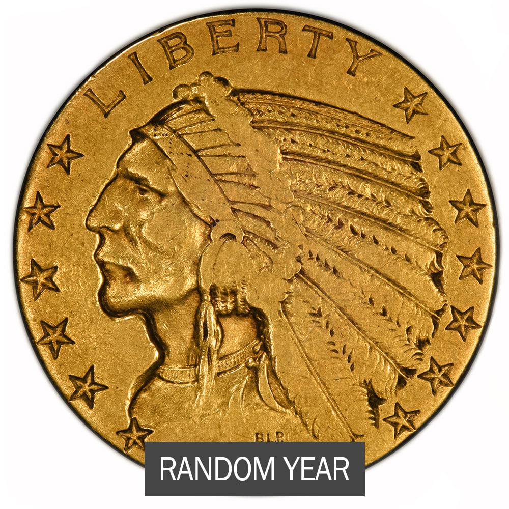 $5 Indian Half Eagle Gold Coin (Cleaned/Jewelry Grade) - Random Year