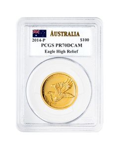 2014-P PCGS PR-70 1 oz Australian Wedge-Tailed Eagle High Relief Proof Gold Coin - John Mercanti Label