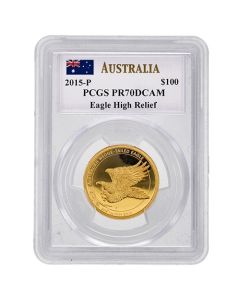 2015-P PCGS PR-70 1 oz Australian Wedge-Tailed Eagle High Relief Proof Gold Coin - John Mercanti Label