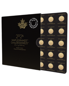 2026 25 x 1g Canadian Gold Maplegram25&trade; Coin Sheet
