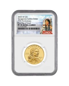 2025-W NGC PF-70 First Day of Issue 1/2 oz 25th Anniversary Sacagawea Dollar 24k Proof Gold Coin