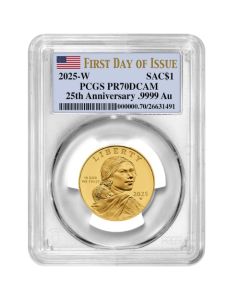 2025-W PCGS PR-70 First Day of Issue 1/2 oz 25th Anniversary Sacagawea Dollar 24k Proof Gold Coin