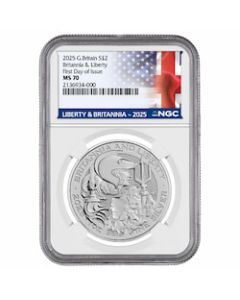 2025 NGC MS-70 First Day of Issue 1 oz British Silver Britannia and Liberty Coin