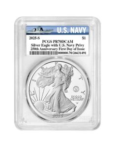 2025-S PCGS PR-70 First Day of Issue US Navy Privy 1 oz American Silver Eagle Proof Coin - Navy Label
