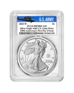 2025-W PCGS PR-70 First Day of Issue US Army Privy 1 oz American Silver Eagle Proof Coin - Army Label