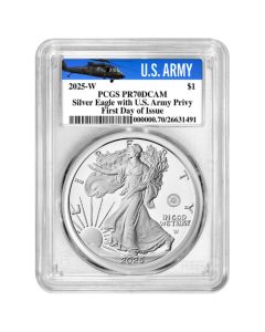 2025-W PCGS PR-70 First Day of Issue US Army Privy 1 oz American Silver Eagle Proof Coin - Army Label
