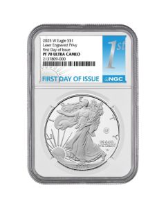 2025-W NGC PF-70 First Day of Issue U.S. Laser Privy 1 oz American Silver Eagle Proof Coin
