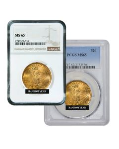 $20 MS-65 St. Gaudens Double Eagle Gold Coin (NGC or PCGS) - Random Year