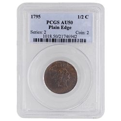 1795 US Copper Liberty Cap Half Cent PCGS AU-50 Plain Edge