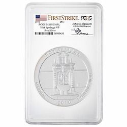 2010 PCGS MS-69 DMPL First Strikes 5 oz America The Beautiful Hot Springs Silver Coin - John Mercanti Label