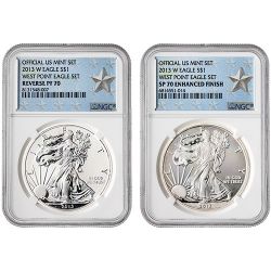 2013-W NGC SP-70 Enhanced Finish & PF-70 Reverse Proof 2-Coin American Silver Eagle Set - 75th Anniversary of the West Point Mint - West Point Label