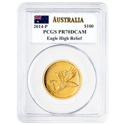 2014-P PCGS PR-70 1 oz Australian Wedge-Tailed Eagle High Relief Proof Gold Coin - John Mercanti Label