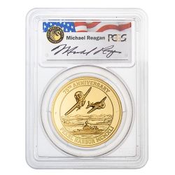 2016 2 oz Pearl Harbor 75th Anniversary Gold Coin PCGS PR-70 DCAM Michael Reagan Signature 